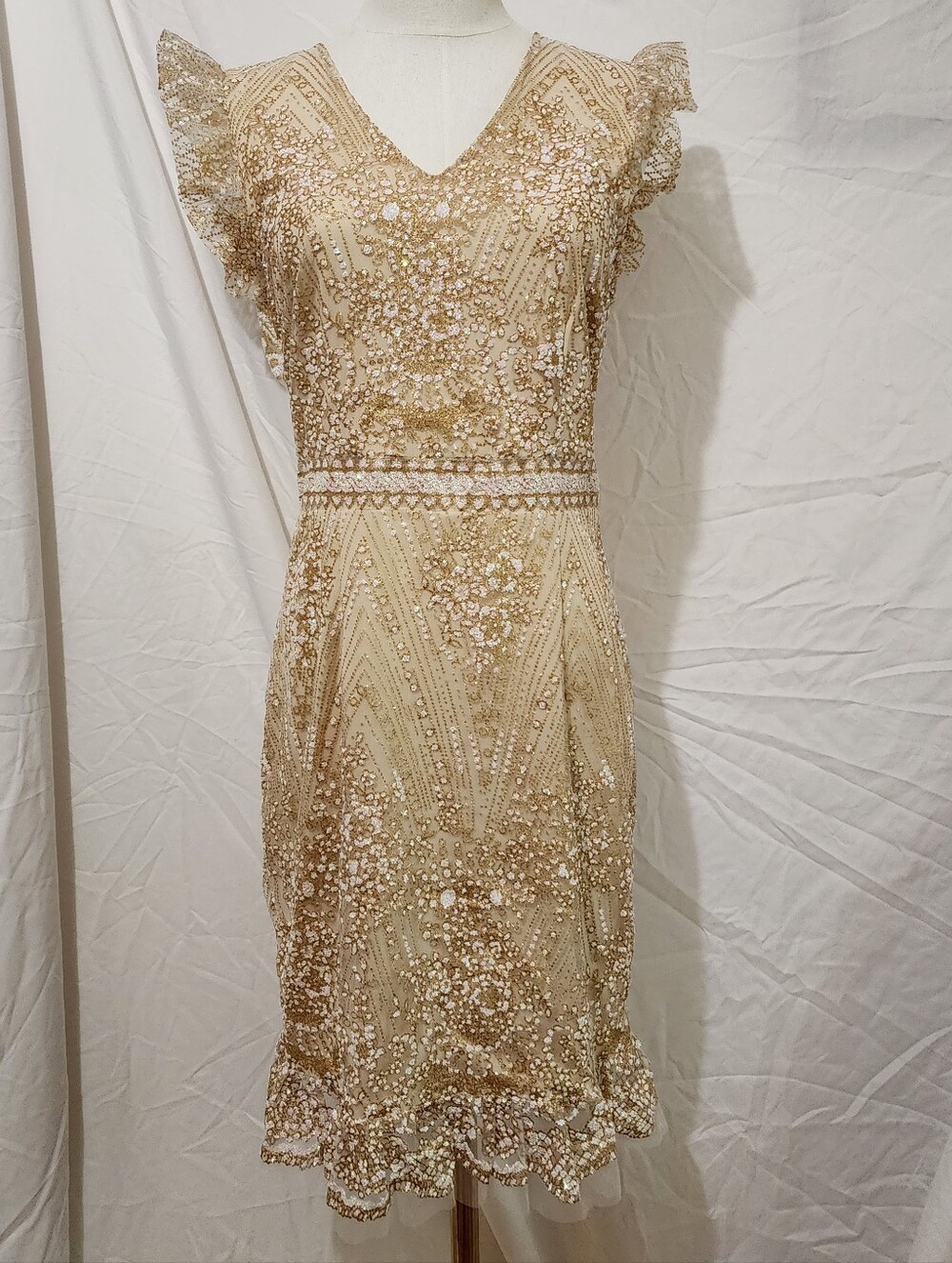 Embellished Gold Cocktail Dress with Ruffle Cap Sleeves